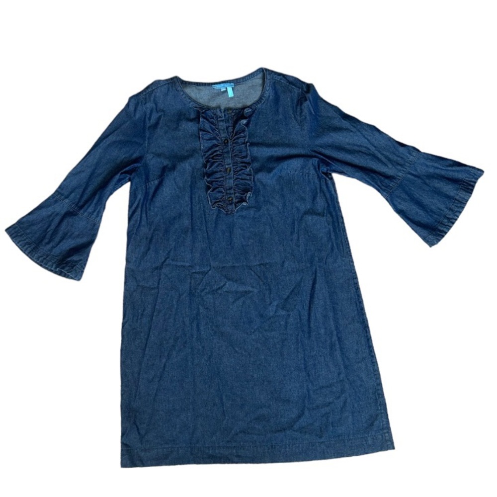 Draper James Chambray Dress Bell Sleeves Frill Midi Blue Size 12